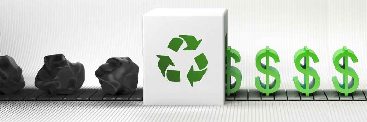 Znak $ i ikona przetwarzania - koszt recyclingu